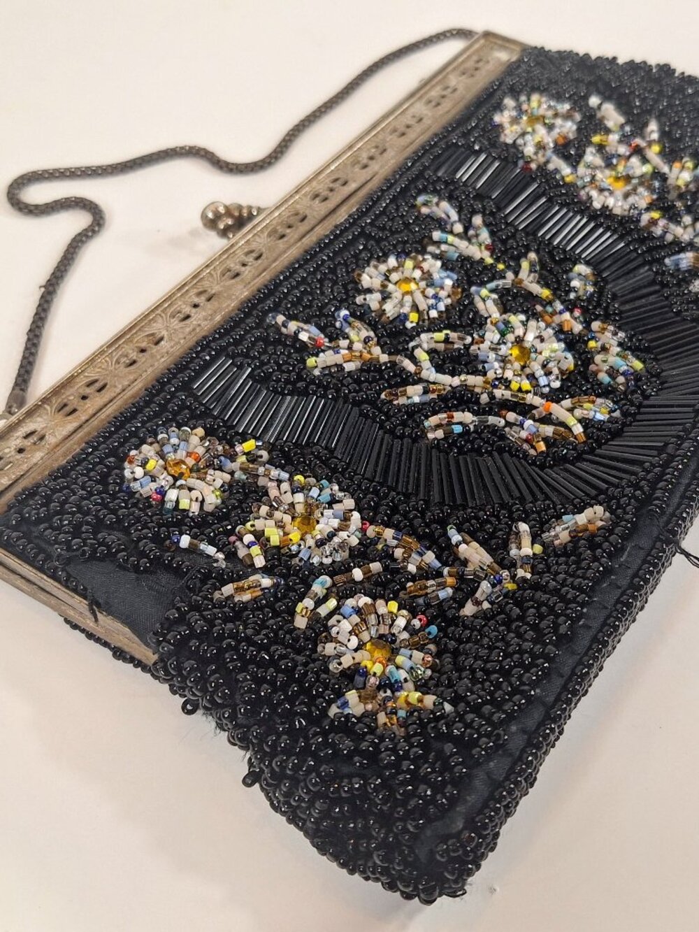 Vintage Beaded Floral Metal Frame Clutch Purse Evening Bag